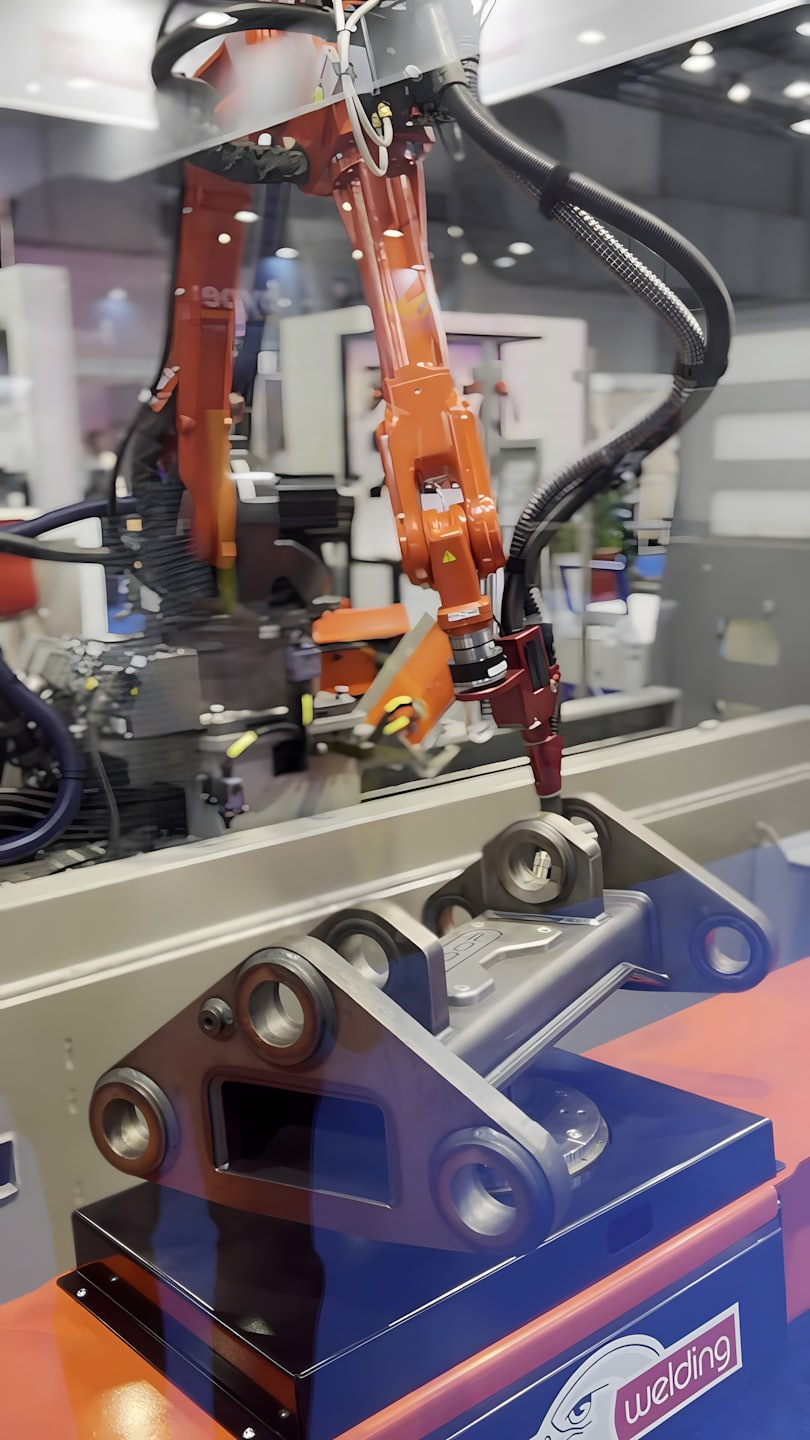Pomarańczowe ramię robota opuszcza się, aby chwycić metalową część maszyny.